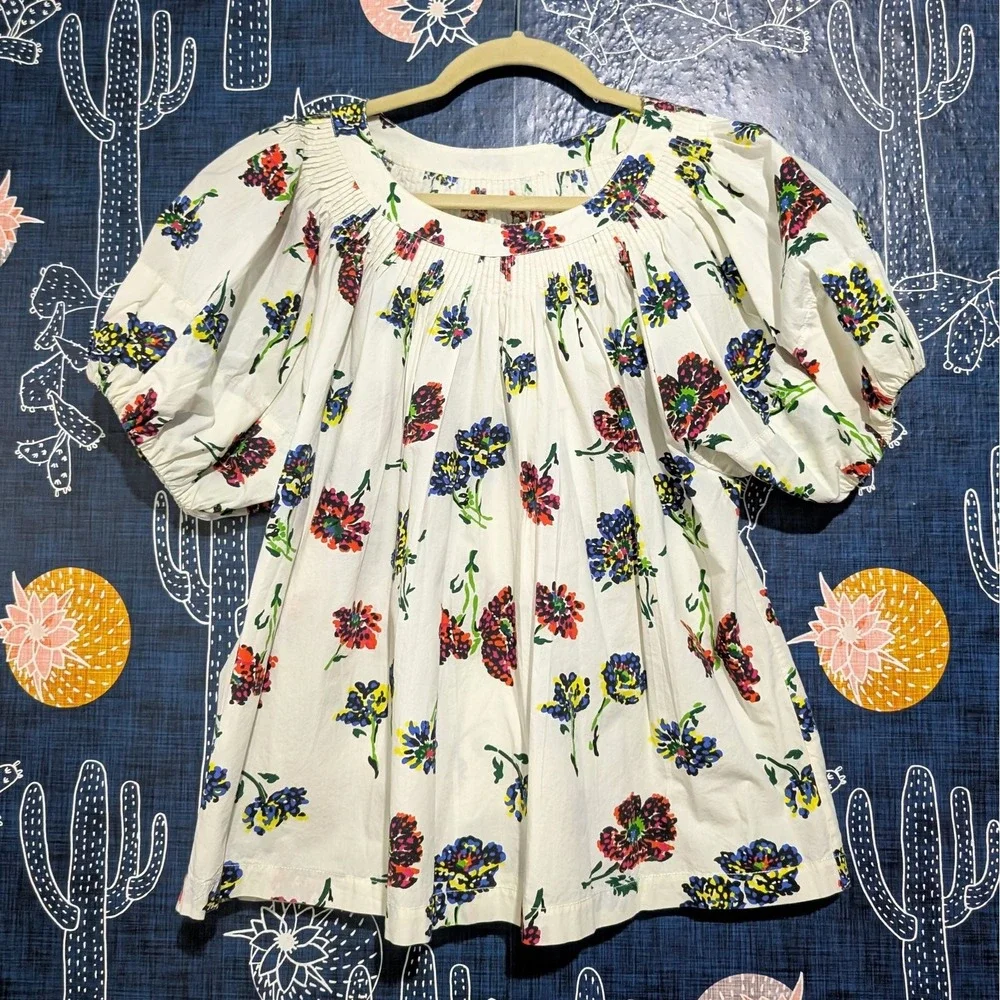 Ulla Johnson Celie Floral Print Short Puff Sleeve Top Blouse White Women's 6